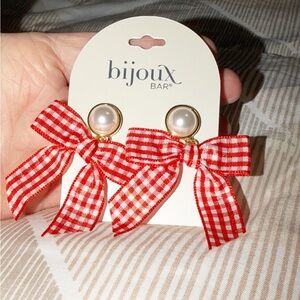 Bijoux Bar Red Gingham and Pearl  Bow Earrings NWT